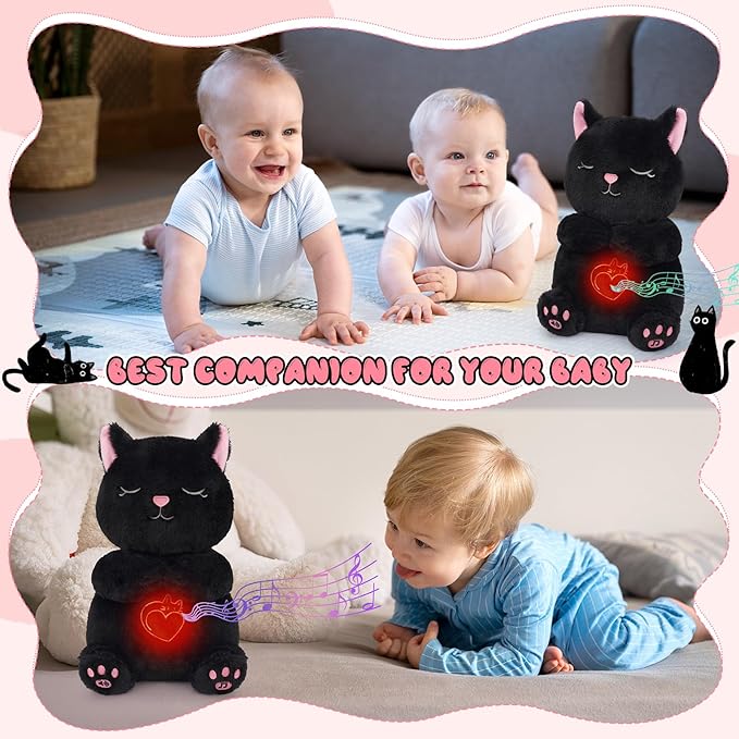 Breathing Stuffed Animal - Black Cat Plush Baby Toy, Soothing Sound Machine with Realistic Breathing Motion and Lights, Sleeping Plushies Gifts for Anxiety Adults and Kids