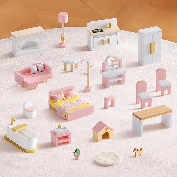 ROBUD Wooden Dollhouse Furniture Set, 28 Pcs Doll House Accessories, Miniature Furniture Including 6 Room Kits, Pretend Play Toys, Gift for Boys and Girls,3+