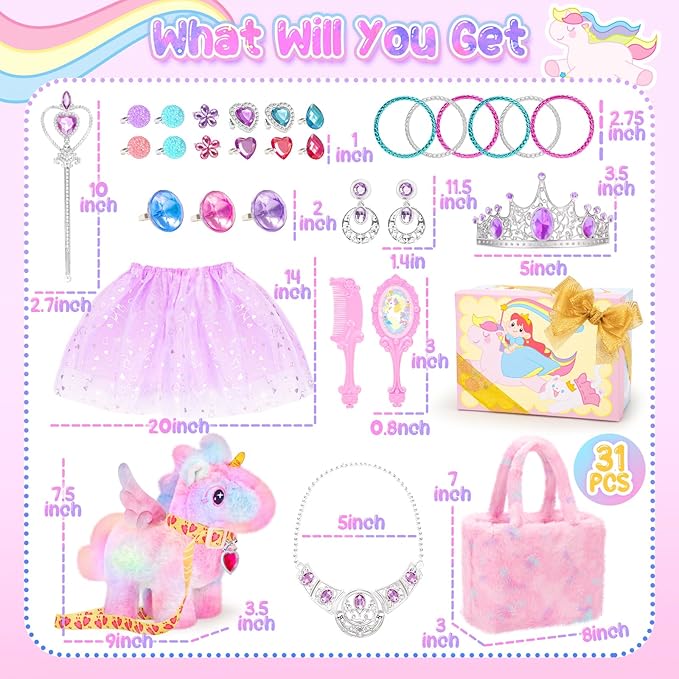 Tagitary Plush Unicorn Toys with Glowing Horns, Walking Pony Realistic Interactive Stuffed Unicorn with Kids Dress Up & Pretend Jewelry Toys,Christmas Birthday Gift Party Favors for Kids Toddlers