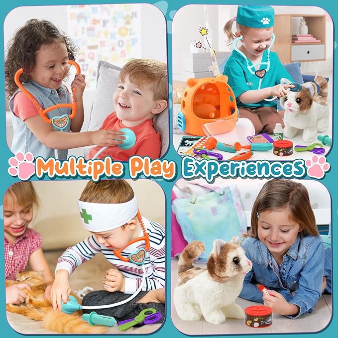 17PCS Cat Doctor Kit for Toddlers 3-5, Veterinarian Playset for Kids with Interactive Walk Meow Cat & Backpack Carrier & Nest & Medical Tool, Pet Vet Kit Pretend Play Toy Gift for Boy Girl 3-6
