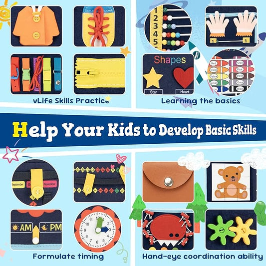 Toddler Busy Board Book Montessori Toys for 1 2 3 4 Years Old,Sensory Board Educational Activities for Learning Fine Motor Skill,Toy for Boy & Girl Birthday Gift,Toddler Toy for Airplane Car Travel