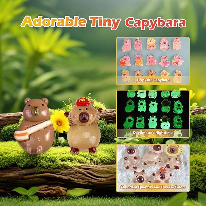 100 Pcs Random Mini Capybara with Glow in the Dark Feature, Individually Packaged Blind Bags – Cute Collectible Resin Toys for Kids, Fairy Gardens, Desk Decor, Party Favors, and Creative DIY Projects