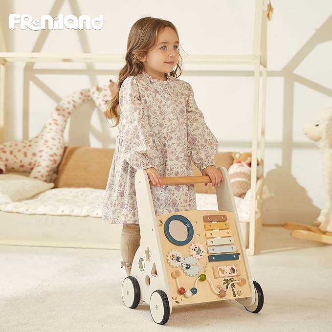 Freniland Wooden Baby Walker,Baby Walker with Wheels for Toddlers 18M+,Montessori Toys with Bead Maze, Xylophone and Storage for Boy and Girl