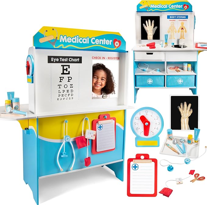 Get Well Doctor Wooden Activity Center- Kids Pretend Play Medical Playset w Waiting Room- 16 Accessories, Dual Sided, Office Checkup Kit, X-Rays, Blood Pressure Cuff- Boys Girls Roleplaying Xmas Gift