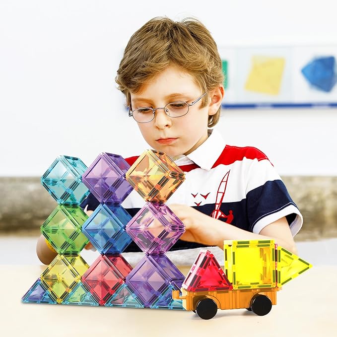 PicassoTiles 80 Pcs Magnetic Building Tiles Magnet Building Block Toys W/Car Diamond Educational Construction Playset Toy for STEM Sensory Gifts Kid Brain Development Stacking Blocks Construction Set
