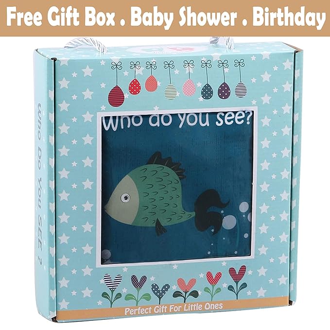 Fish Baby Books Toys, Touch and Feel Crinkle Cloth Books for Babies,Infant, Baby Toys 0-6-12 18 Months, Learning Education Soft Sensory Mirror Toy, Shower Gifts Christmas for Baby Boys Girls-Gift Box