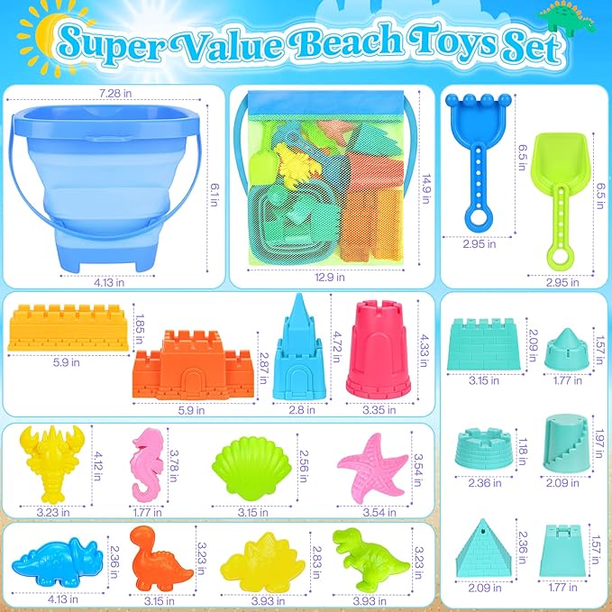 Collapsible Beach Toys for Kids Toddlers, Collapsible Sand Bucket and Shovels Set with Mesh Bag,Travel Sand Castle Building Kit, Sandbox Toys, Foldable Beach Essentials for Toddlers Kids Age 3-10 