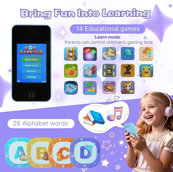 Kids Smart Phone, Christmas Birthday Gifts for Boys Girls Toddler Cell Phone Toys with Dual Camera Music Player Mini Educational Learning Games Fake Phone for 4-8 Year Old with 16G SD Card (Blue)