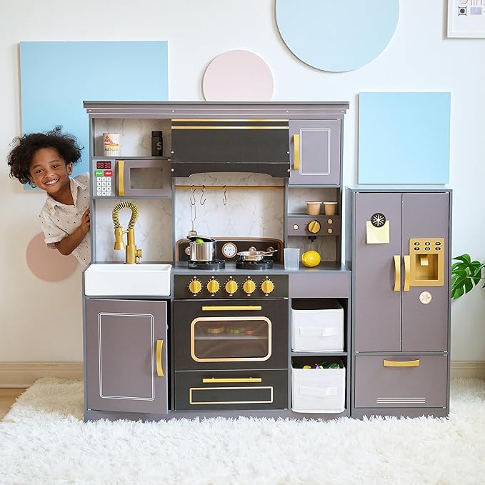 Teamson Kids Little Chef Colonie Play Kitchen for Kids, Gray – 2-Piece Pretend Kitchen Set with Ice Dispenser, Coffee Maker, Farmhouse Sink & Storage, Modern Wooden Toy for Toddlers & Girls Boys