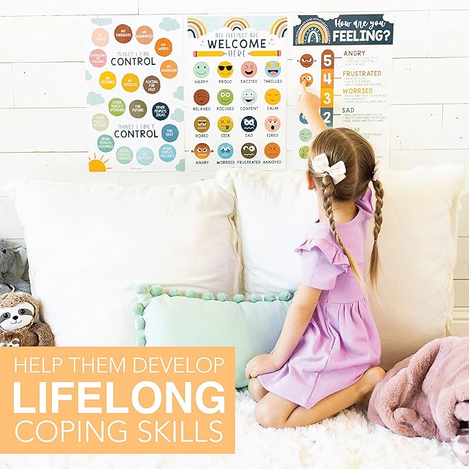 Hadley Designs Feelings Chart For Kids Ages 4-8 - Emotions Chart For Toddlers 3-5, Counseling Feelings Posters For Classroom Calming Corner, Social Emotional Learning Posters, Boho Classroom Decor