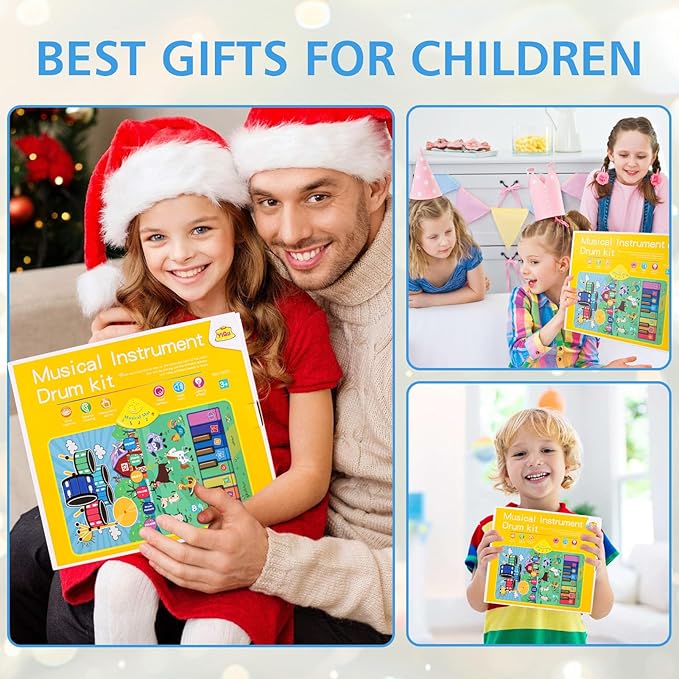 Musical Farm Animals Sounds Piano Mat for Kids, Sensory Educational Learning Toy with Drumset for Toddlers, Interactive Floor Touch Play Mat Dancing Keyboard Carpet for 1-5 Year Old Boy Girl Gifts