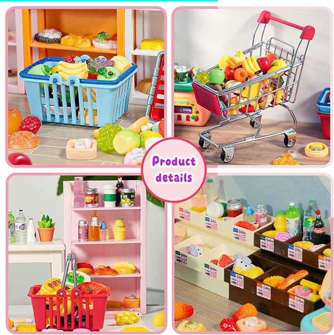 183Mini Food Toys Dollhouse Fruit Vegetable Bread Rack Display Shelf Grocery Store Shopping Cart Basket Miniature Drink Supermarket Metal Handcart Kitchen Play Game Party Cash Register