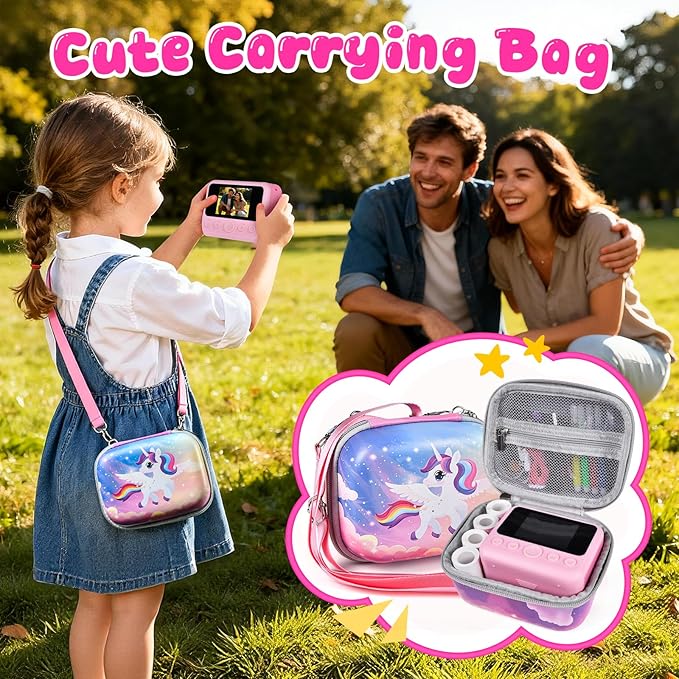 Kids Instant Print Camera with Carrying Bag, 1080P HD Girl Camera with 4 Print Paper Rolls, Color Pens & 32GB Card, Christmas Birthday Gifts Kids Girl Toys for 3-12 Years Old (Pink)