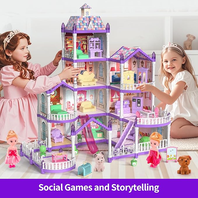 Princess Doll House, 4-Story Dollhouse with Glow in The Dark, Doll House Playset with 2 Dolls, 12 Play Areas, Fully Furniture & Accessories, Toys for 3 4 5 6 7 8 9Year Old Girls Gift, Purple