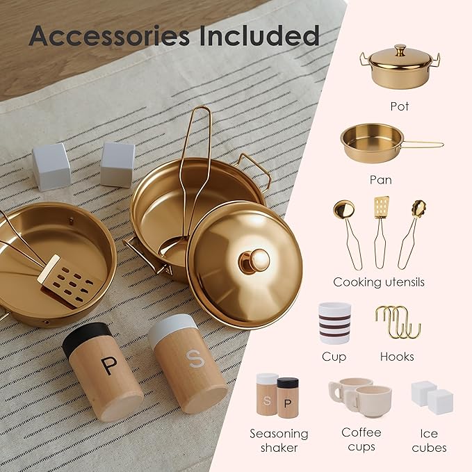 Pink Wooden Play Kitchen for Kids– Realistic Appliances, Storage & 15 Fun Accessories for Inspiring Pretend Play (Ages 3+)