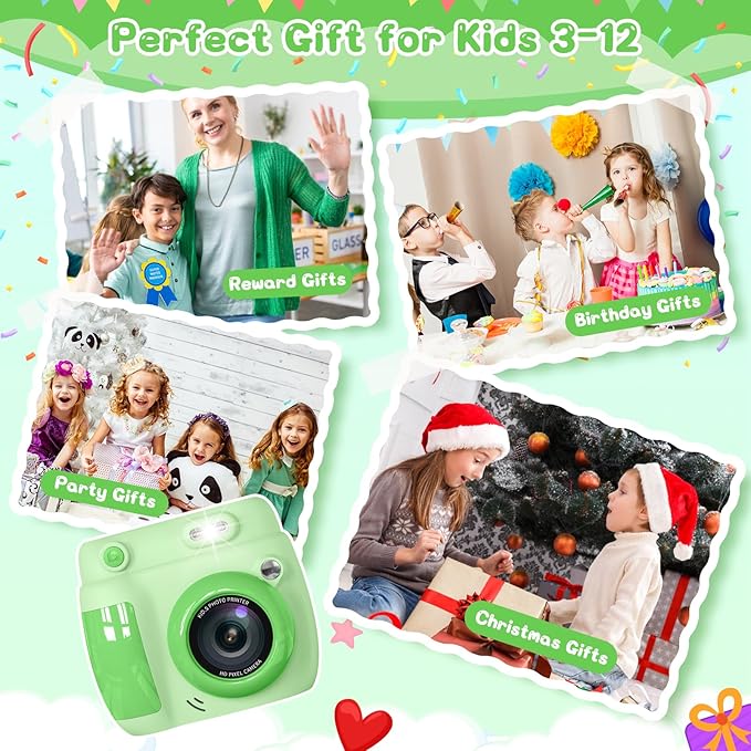 Kids Camera Instant Print, Birthday Gifts for Girls Boys with 3 Rolls Print Paper & 32GB Card, 48MP Toddler Digital Camera 1080P HD Video Toys Cameras for Kids 3-12, Green