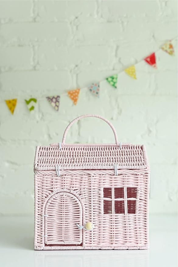 Rool Rattan House Shaped Basket Wicker Small Dollhouse Gift for Girls, Boho Toys, Mouse in a Box House, Little Girl Purse Clutch, Doll Carrier (Pink)