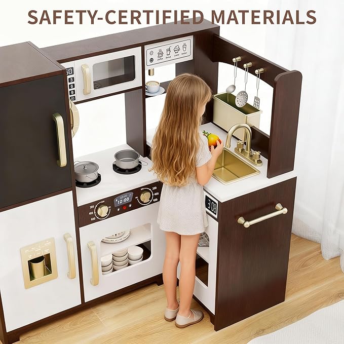 Kids Kitchen Playset with Lights & Sounds, Wooden Corner Play Kitchen with Sink,Oven, Ice Maker & Pretend Play Accessories, Educational Toy Kitchen Set for Toddlers, Coffee