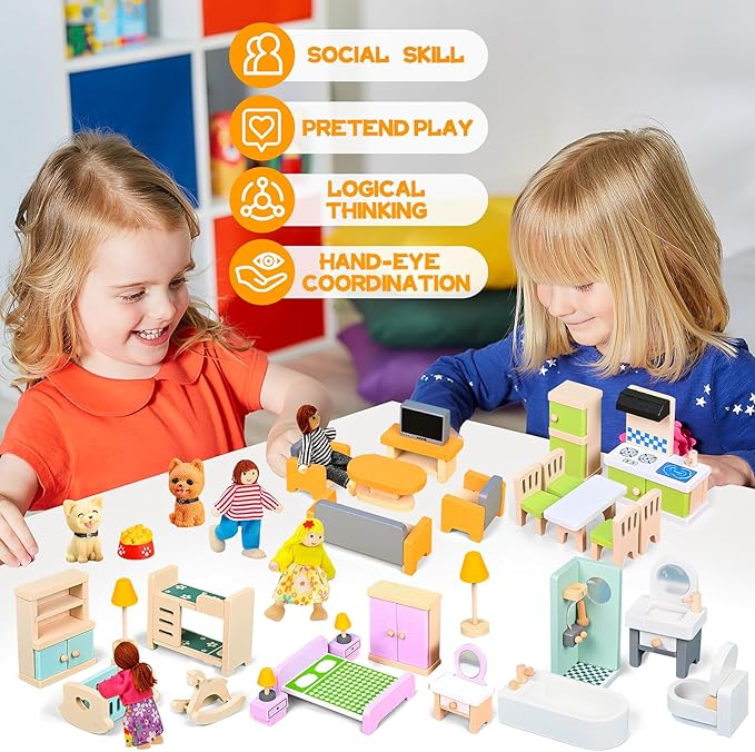 36PCS Wooden Dollhouse Furniture Set with 4 Flexible Family Dolls - 5 Room Realistic Doll House Accessories for Toddlers 3 4 5 6 , Pretend Play Toys Gift for Birthday and Christmas