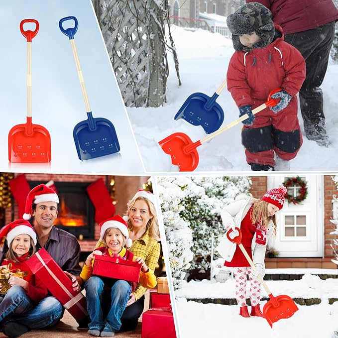 2Pcs Kids Snow Shovel Detachable Toddler Snow Shovel 22"-32" H Small Wooden Shovel with Plastic Scoop & D-Grip Handle Mini Child Digging Shovel Blue Red Winter Gift for Outdoor Yard Driveway