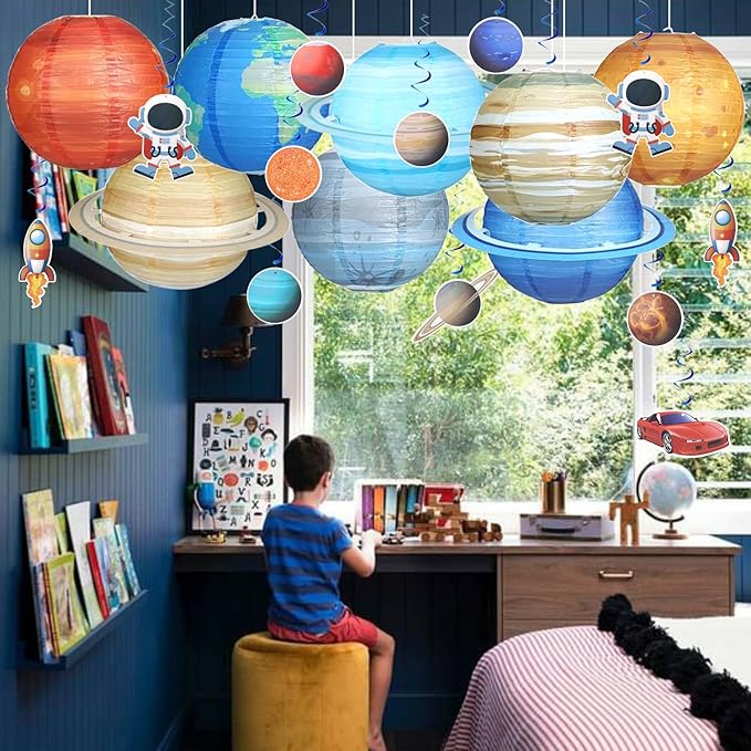 Planet Paper Lanterns, Planet Lanterns, 47 Pcs Paper Lanterns Party Decorations, Space Paper Lanterns for Kids Space Theme Party, Birthday Room Decorations