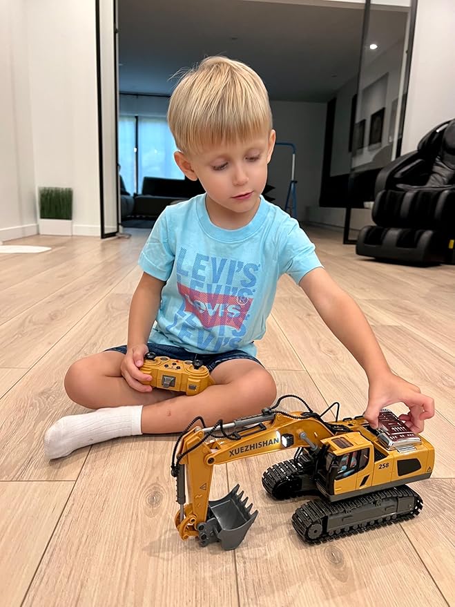Remote Control Excavator Construction Toys for Boys, 2×1200mAh RC Construction Truck with Metal Shovel & Light, 11CH Excavator Toys for Boys 3-5 4-7 8-12 Year Old Kids Christmas Birthday Gift,120+Mins