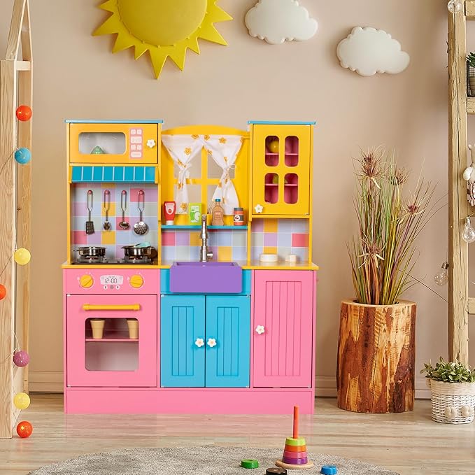 Kids Kitchen Playset, Wooden Pretend Play Kitchen for Kids w/Faucet, Sink, Stove, Oven, Curtains, Cookware, Storage Cabinets, Toddler Role Play Toy Kitchen Set Gift for Girls Boys Ages 3+