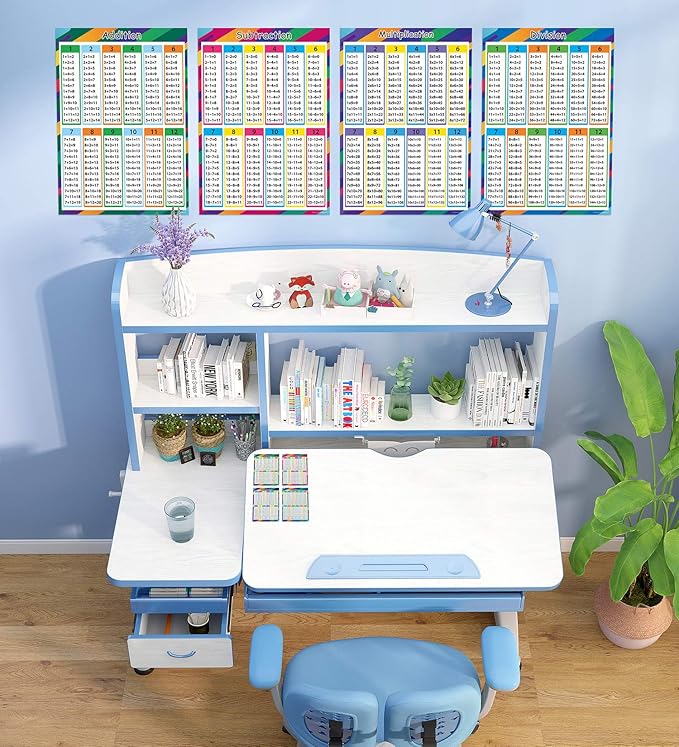Wisdompro 4 Pack Extra Large Educational Math Posters, Multiplication Division Addition Subtraction Education Times Table Chart for Kids, Elementary, Middle School Classroom - 17 x 24 Inch