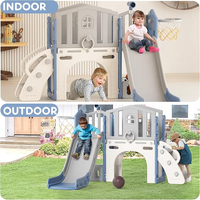KORIMEFA 7-in-1 Toddler Slide & Climber Playset with Basketball Hoop, Ring Toss, Telescope Indoor/Outdoor Activity Center for Kids 1-3 Years Blue
