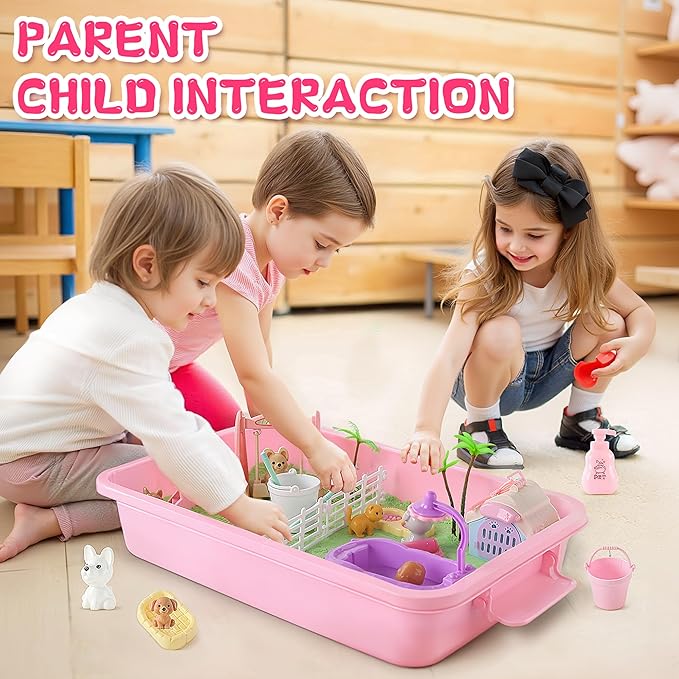 Timetome Pet Sensory Bin, Dog Sandbox for Kids, Kids Play Sand Toys Kit, Pet Play Set with Sensory Sand, Pet Bathroom Play Set, Role Pretend Play Beach Toy Birthday Gift for Girls Boys 3 4 5 6 Years