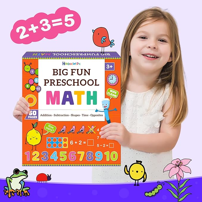 Preschool Learning Activities Math Workbook - Reusable 60 Pages Tracing Books for Kids Ages 3-5, Number, Addition & Subtraction | Fine Motor Skills Learning Toys for Toddlers 2-4 Years Old