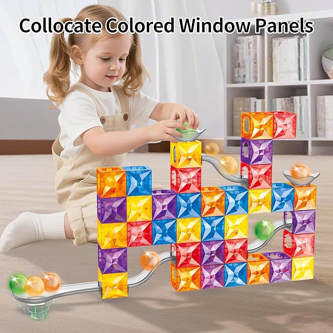 MIEBELY Magnetic Tiles, 112 PCS Magnetic Maze Building Blocks Toy for Kids with Glowing Ball, Magnet Marble Run Set, STEM Education Toddler Toy Building Block Gifts for Boys and Girls 3 4 5 6 7 8 9