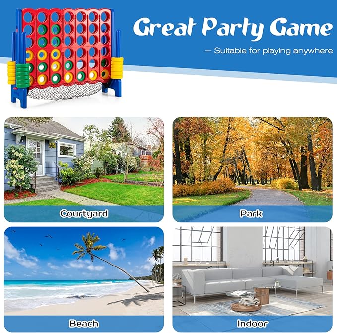 COSTWAY Giant 4 to Score Game Set, Jumbo Game Set with 42 Chess Pieces, Quick-Release Levers & Mesh Pocket, 4-in-a-Row Backyard Game for Kids & Adults, Ideal for Indoors & Outdoors