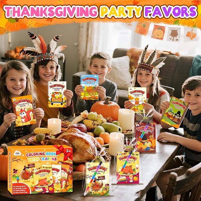 ZMLM 24 Coloring Books for Kids Party Favors: Bulk 24 Crayons Mini Coloring Books for Kids Ages 4-8 Birthday Goodie Bags Stuffers Toddlers Return Gifts Classroom Prizes Teacher Crafts (Thanksgiving)