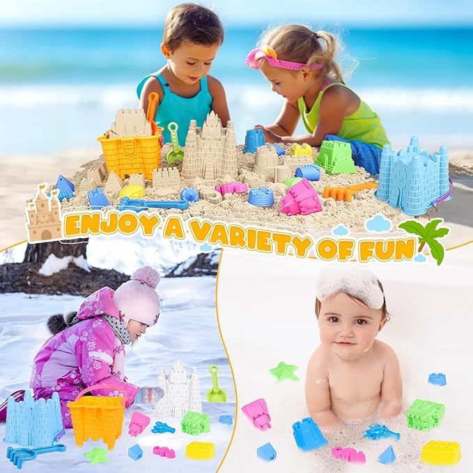 Beach Toys for Toddlers, Sand Castle Toys with 2 Sand Bucket, 2 Mesh Bag, 4 Shovels & Molds, Travel Sand Toys for Beach Sandbox Toys for Toddlers Kids Baby Boys Girls Age 3-10