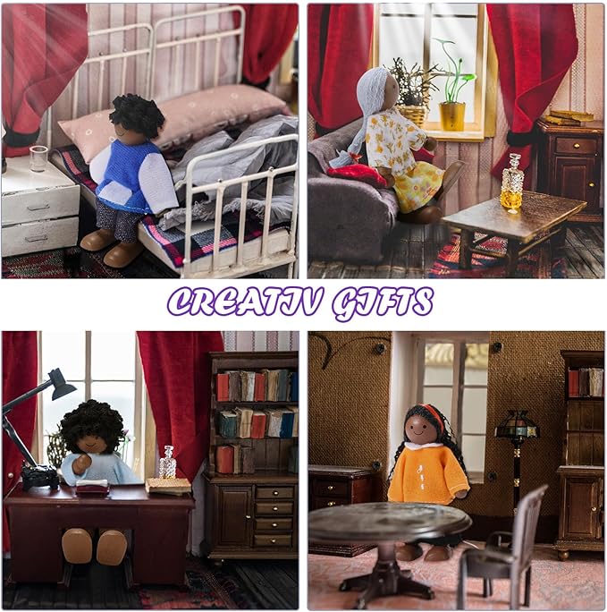 Sumind 35 Pcs Wooden Dollhouse Furniture Set with 8 Family Toys Family Set 27 Pcs Furniture Dollhouse Accessories for Boys Girls, Thanksgiving Christmas Birthday Gift(African-American Dolls)