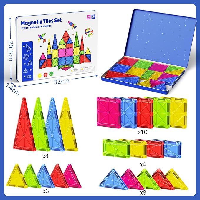 Jumbo Magnetic Tiles with Secure Metal Case, 32 Pcs Large Magnetic Building Blocks for Kids 3-8, STEM Toys for Toddlers, Preschool Learning Montessori Toys, Age 3+ Boy Girl Gift