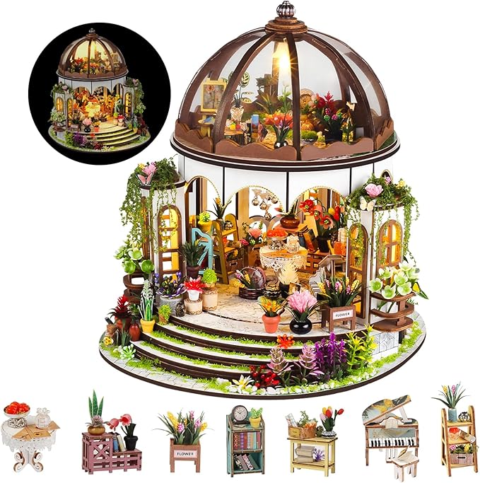 Garden Miniature House Kit, DIY Miniature Building Kits, Wooden Greenhouse Miniature Kit with Furniture, Creative Dollhouse Kit for Adults, Hobby Craft Home Decor Birthday Gifts