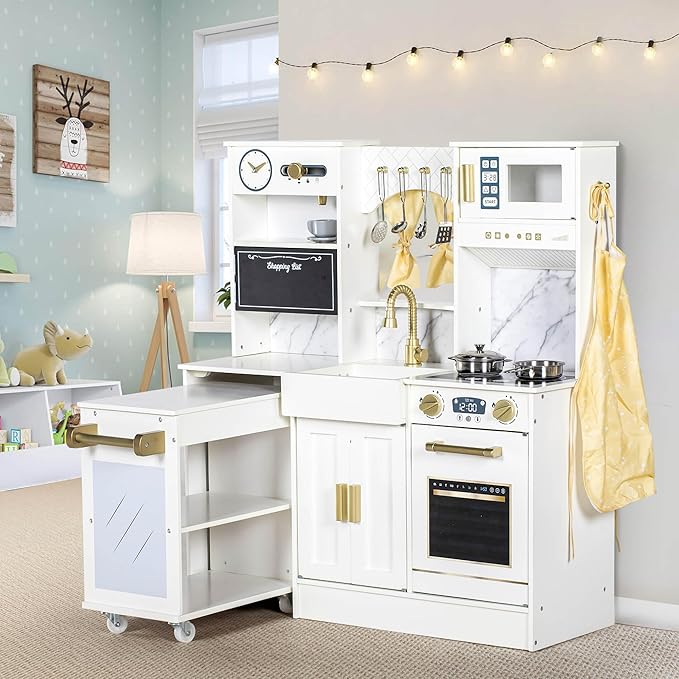 Kids Play Kitchen with Removable Cart, Wooden Toddler Kitchen Playset with Oven, Stove, Sink, Coffee Maker, Pretend Play Toy Kitchen Set for Children Boys Girls Ages 3