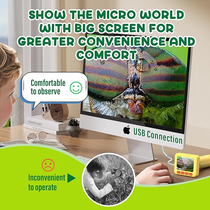 IMICHI Microscope for Kids 50X-1000X 2 inch IPS HD Screen, 32GB Storage Card, 1080P Video, 2-Hour Battery Life, Easy Carry, Slides Included - Perfect Science Kit Gift for Kids Ages 8-12 Yellow