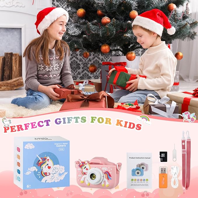 Unicorn Little Girls Toys Selfie Camera for 6-10 Years Old, HD Digital Video Camera with 32GB SD Card