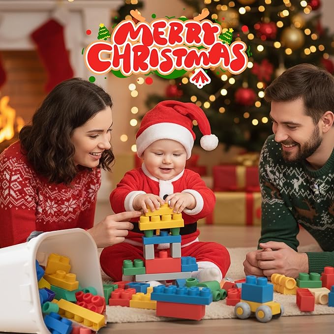 100PCS Baby Blocks Set with Storage Bucket, Building Block Toys STEM Educational Toddler Gifts, Rubber Soft Blocks for Preschool, Sensory Stacking Toys to Improve Creativity