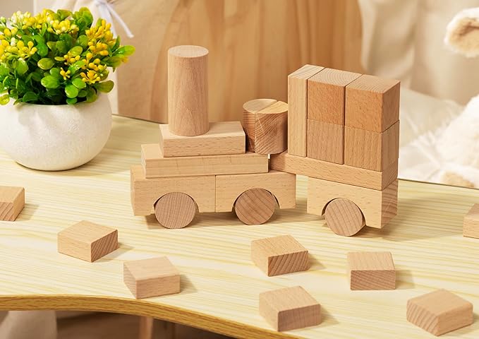 Pidoko Kids 100pcs Natural Beech Wood Building Blocks for Toddlers 1-3, Wooden Blocks with Storage Bucket and Shape Sorter Lid Montessori Toys for 1 2 3 Year Old Boys and Girls, Preschool Learning