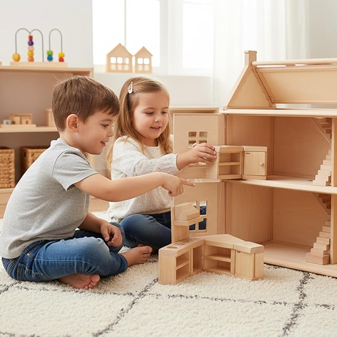 PlanToys Wooden Classic Line of Dollhouse Furniture- Kitchen Set (9013) | Sustainably Made from Rubberwood and Non-Toxic Paints and Dyes |PlanNatural Classic Wooden Toy Collection