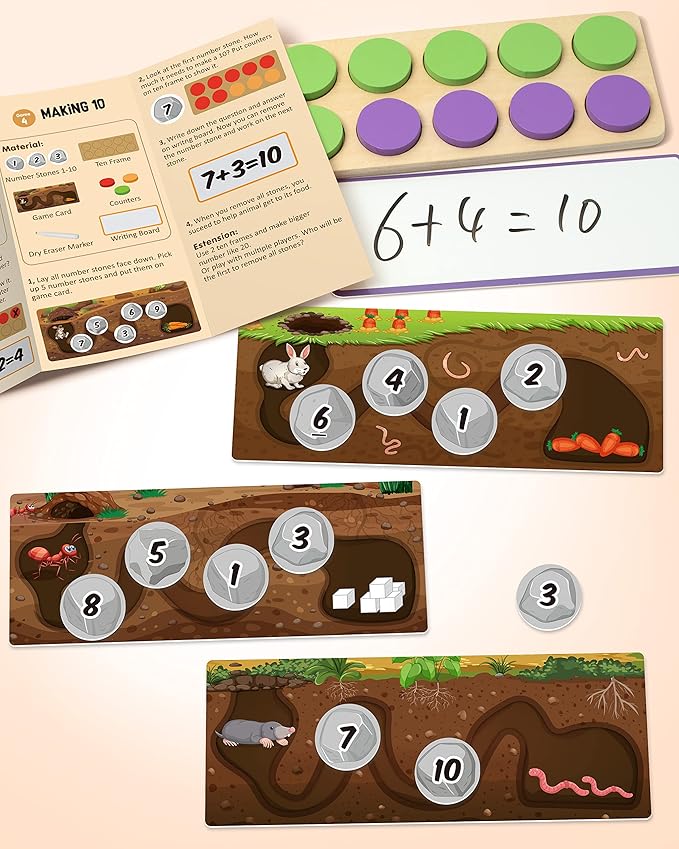 SYNARRY Wooden Ten-Frame Set Math Manipulatives for Kindergarten Elementary 1st 2nd Grade Homeschooling, Addition and Subtraction Montessori Math Games for Chirldren, Counters Toys for Kids Ages 3-8
