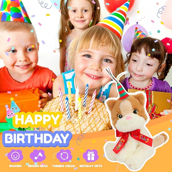 Cuteoy Musical Birthday Cat Repeat What You Say Interactive Animated Stuffed Animal Shaking Singing Dancing Turning Circle Kitten Plush Toy Electric Plushies Gifts for Kids Girls Boys Birthday