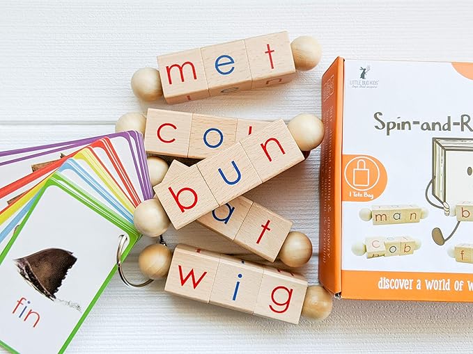 LITTLE BUD KIDS Spin-and-Read Montessori Phonetic Reading Blocks with CVC Phonics Flashcards for Beginner Readers, Montessori Reading Wooden Toys for 3 Years +