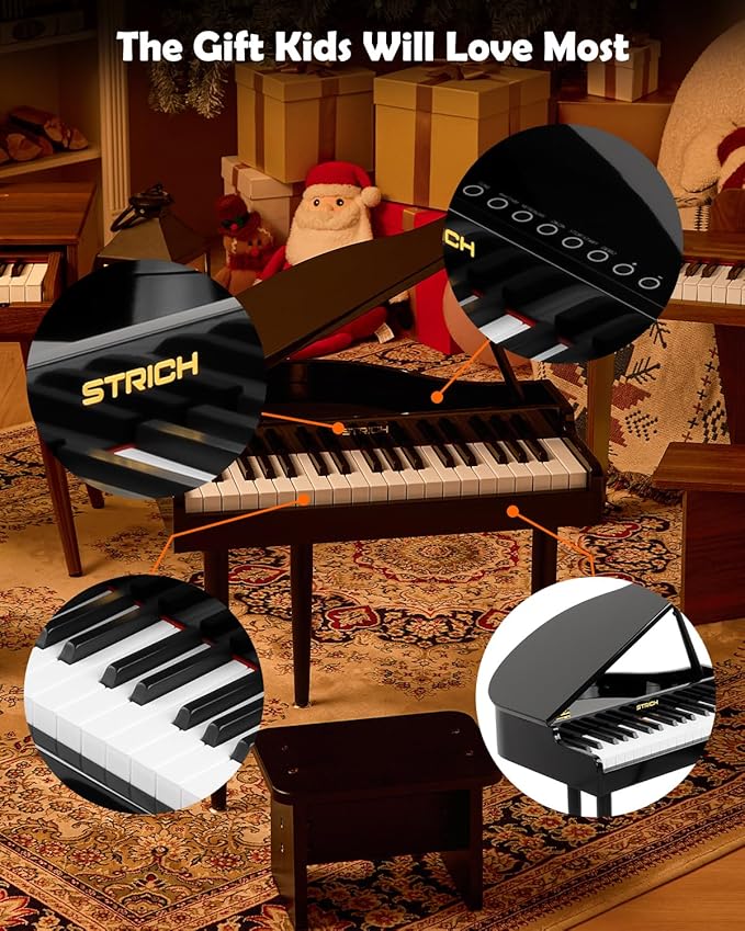 STRICH 37 Keys Kids Piano Keyboard Set, Mini Grand Digital Piano for Kids with Stand Chair, Wood Piano for 3+ Girls and Boys, Classic Black, SEK-60