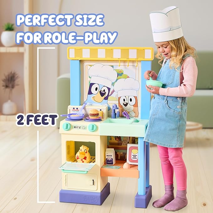 Bluey Kitchen Play Set for Kids Ages 4-8, 3ft Tall Pretend Kitchen Playset Stove, Sink, Oven & 20+ Accessories Chef Hat, Kid Play Kitchen