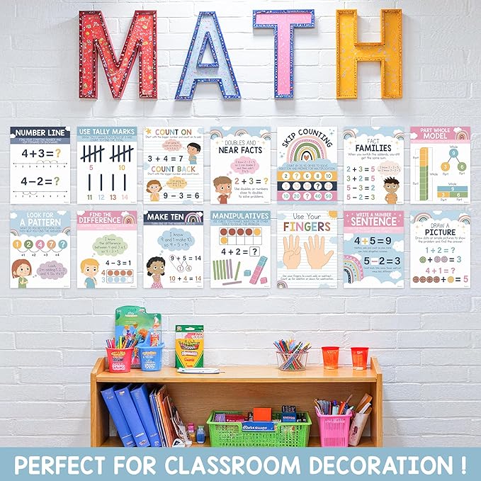 BrightenKidz 14 Pcs Boho Math Posters for Elementary School Classroom Decor, 8.5" x 11" Mathematics Strategy Posters, Math Bulletin Board Sets, Teacher Classroom Must Haves, 1st & 2nd Grade Supplies